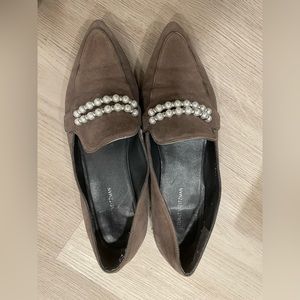Stuart Weitzman Brown Suede Pointed Loafers with Pearls, Size 8